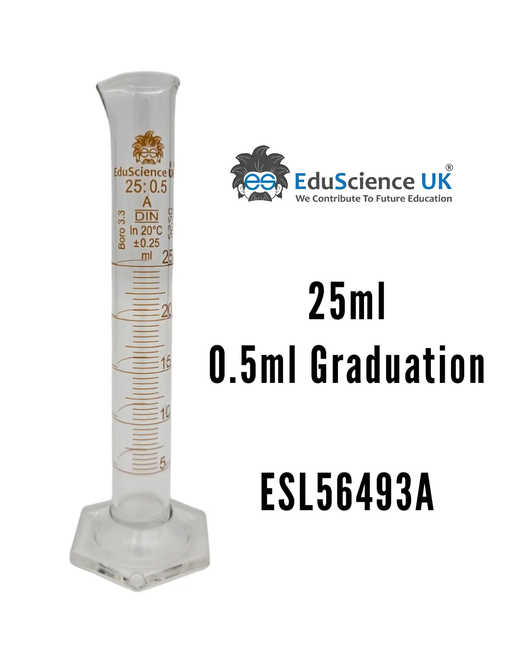 MEASURING CYLINDER, GLASS HEX BASE, CLASS A, 25ML