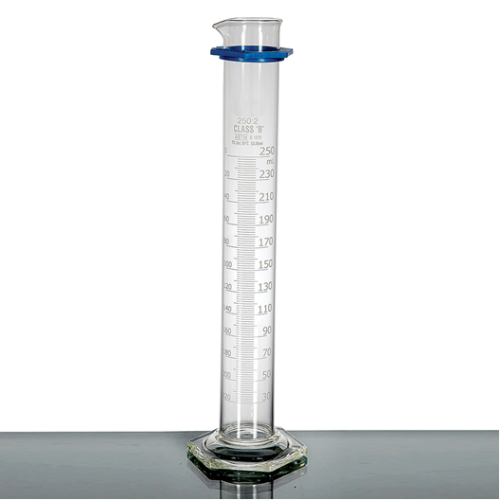 MEASURING CYLINDER, GLASS HEX BASE, CLASS B 500ML